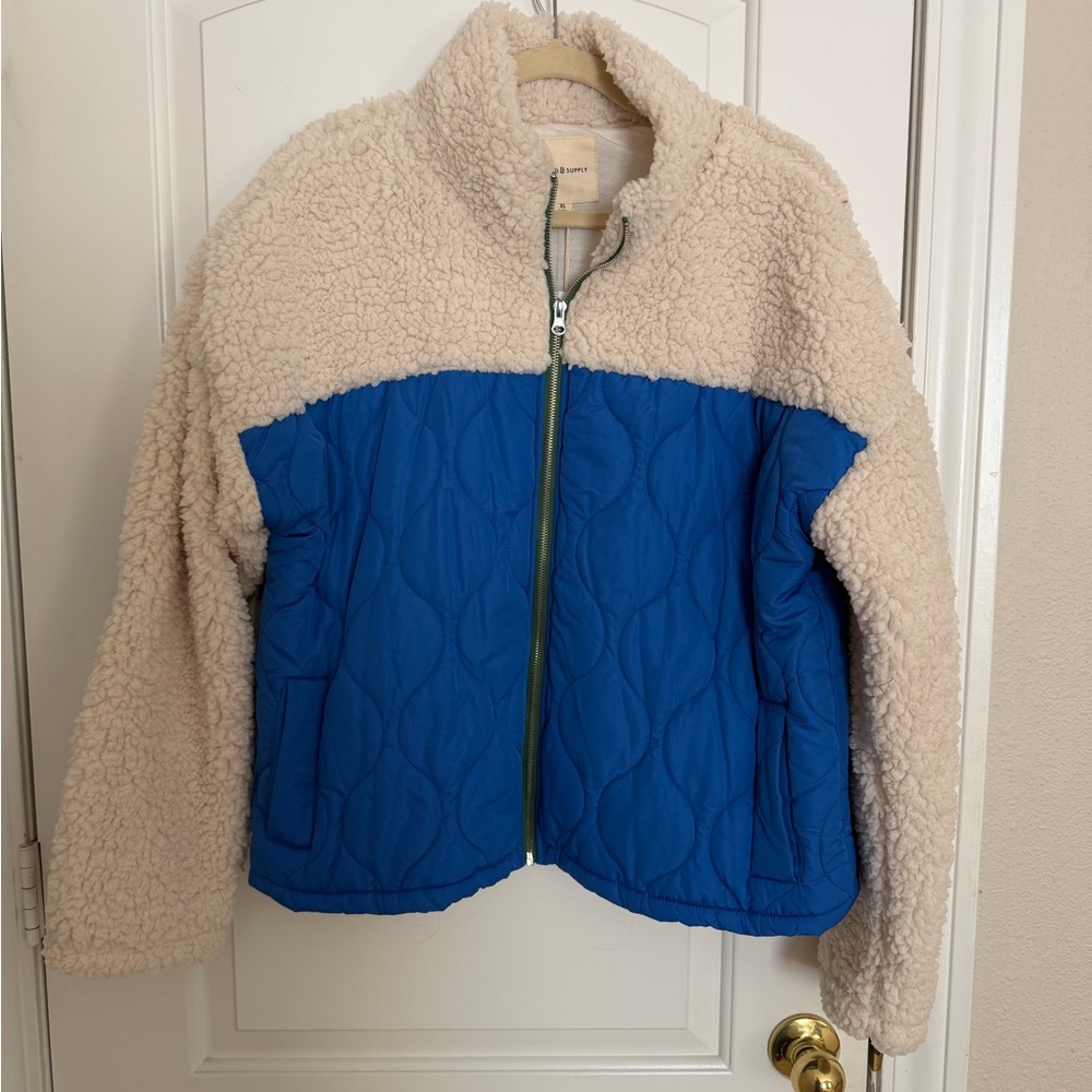 NWT thread & supply zip up fleece jacket XL blue and cream